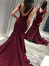 V Neck Open Back Mermaid Burgundy Prom Dresses LBQ0117